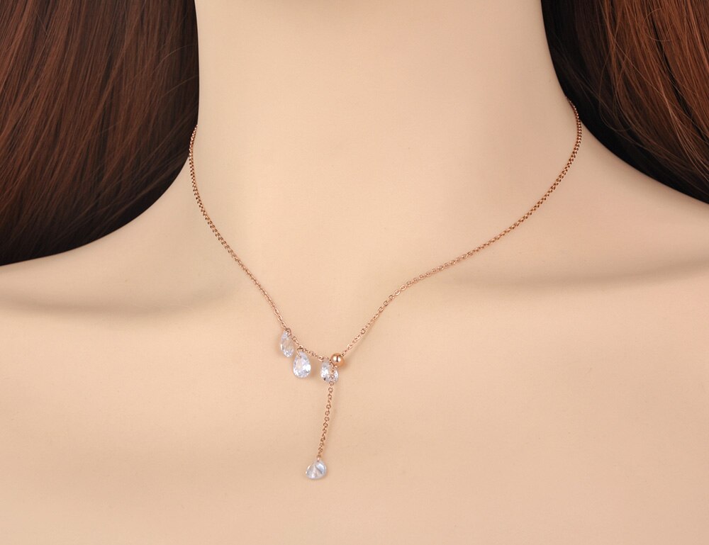 Lokaer Trendy Office Style Stainless Steel Water CZ Crystal Choker Necklace Rose Gold Pendant Necklace For Women N20109