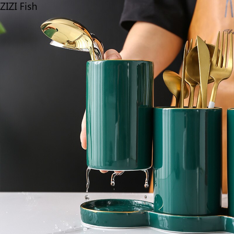 Pot de stockage de baguettes en céramique support de vidange étanche à l'humidité trois pièces costume cuillère en verre vaisselle outil de stockage outils de cuisine à la maison