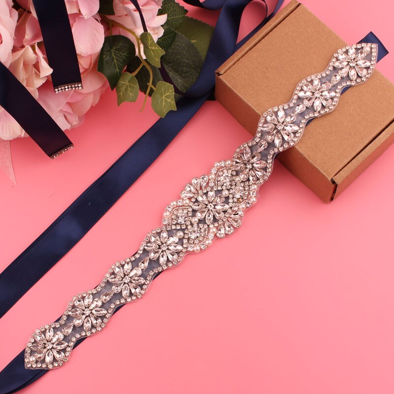 Pas z kryształkami pas ślubny pasek do sukni ślubnej pasek damski wesele pas akcesoria ślubne: dark blue