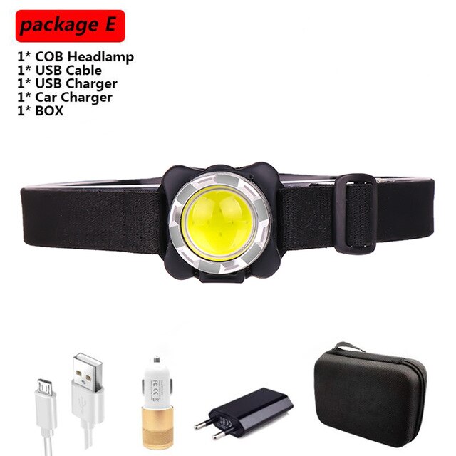 Brightest Headlamp USB Headlight COB LED Head Lamp Rechargeable Head Light Waterproof with Built-in Battery White Red Lighting: Package   E / Black