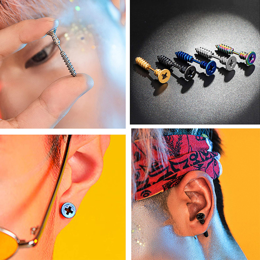 1 par 16g unisex ørestikker i rustfrit stål til mænd, punk, goth, hiphop-stil, spike, krydsskruer, sikkerhedsnåle, hoop-øreringe