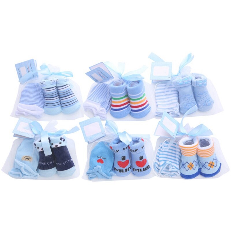 Casual Newborn Baby Boy Cute Bibs Gloves Set Baby Striped Polka Dot Non-Slip Cotton Mid Stockings And Gloves Set