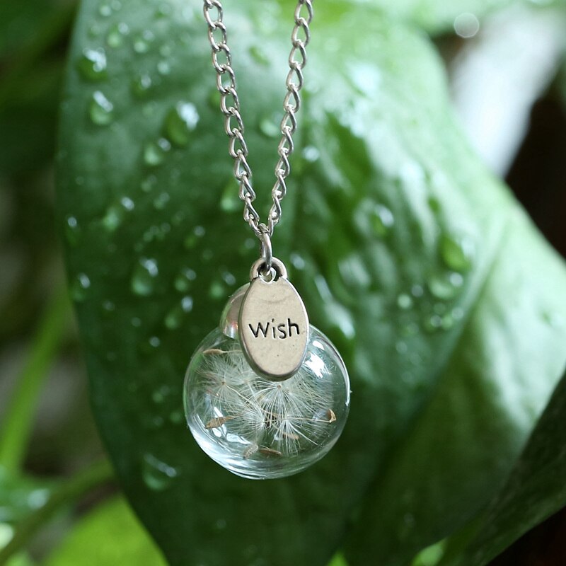 Glas Ball Löwenzahn Getrocknete Blume Halskette Für Frauen Kind Silber Farbe Kette Charme Anhänger Merk Schmuck Party Choker