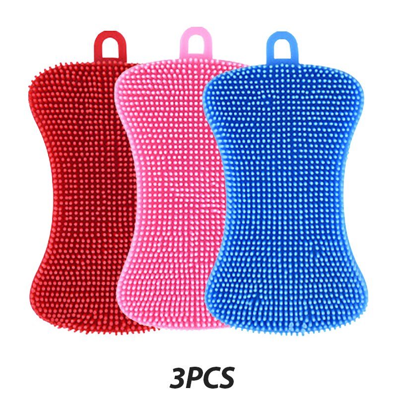 3PCS Silicone Dish Washing Brush Pot Pan Sponge Scrubber Silicone Scouring Pad Fruit Pot Pan Wash Brushes Kitchen Cleaning Tool: 3pcs-E