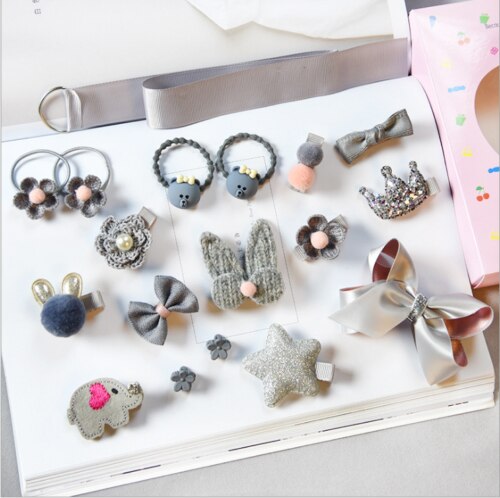 Kinderen Accessoires 18 Stks/sets Prinses Baby Kids Meisje Baby Hoofdband Grosgrain Haarelastiekjes Clips Haar Clips Touw Set: GRAY