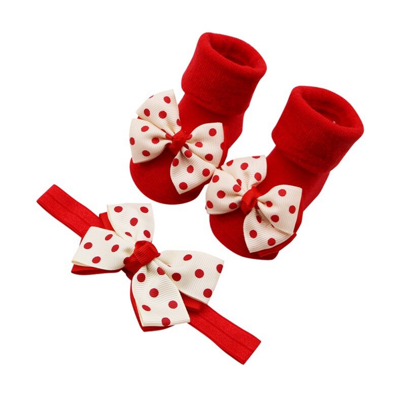 Chaussettes en coton antidérapantes pour bébés filles, 0-1T, ensemble de chaussettes mignonnes pour bébés filles, à Double couche avec nœud, avec bandeau pour cheveux: C