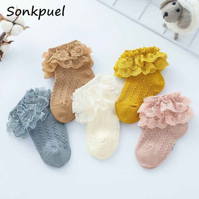 Baby Meisje Sokken Ademend Katoen Kant Ruche Prinses Mesh Sokken Kinderen Enkel Korte Sok Wit Roze Geel Meisjes Kids Peuter