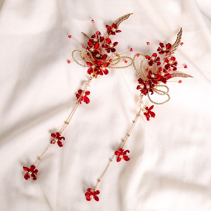 Horquilla con borla de flor roja, Clip de pelo lateral de estilo tradicional chino, tocado de hada para niñas, joyería para el cabello de novia para boda,