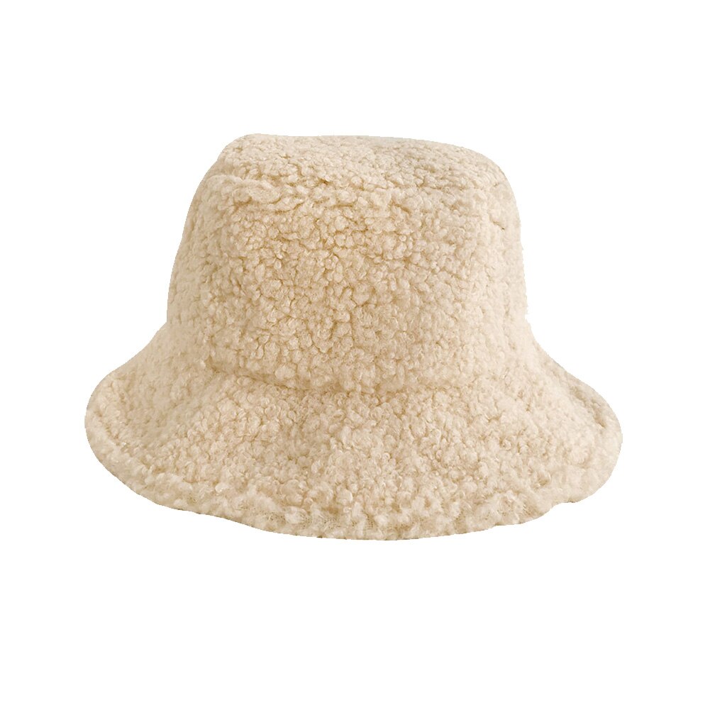 Winter Women Solid Color Faux Lambswool Soft Warm lamb fur Fishing Cap Sun Bucket Hat Japanese warm basin hat Accessory