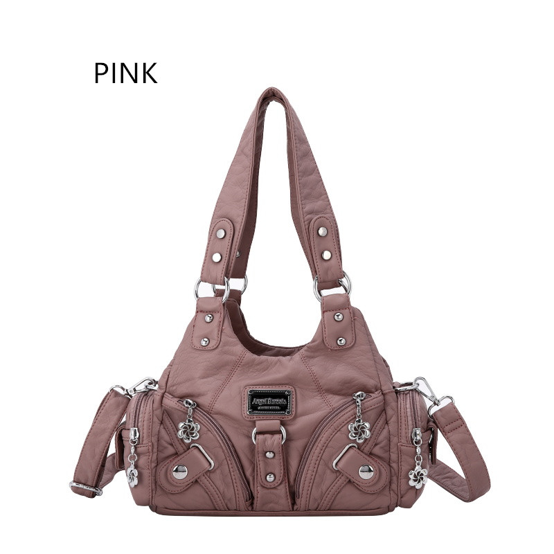 Women Vintage Purse Small Female Shoulder Bag Cute Tote Wash Faux Leather Handbag with Long Strap: pink