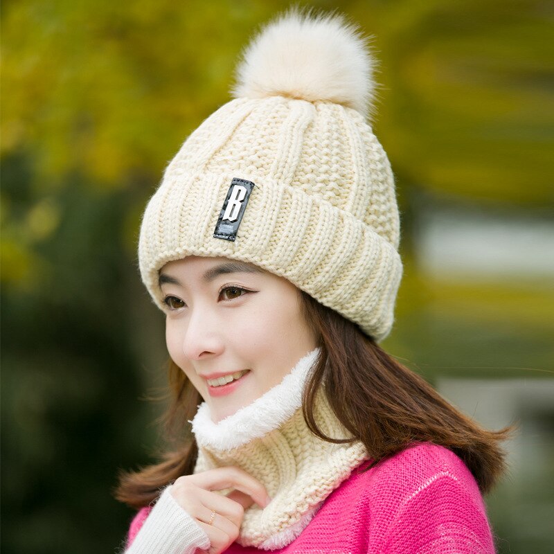 Tørklæde og hat sæt kvinder vinter plus fløjl fortykning hatte strikket trendy varme tørklæder koreanske kvinder solid sød studerende dagligt: Beige
