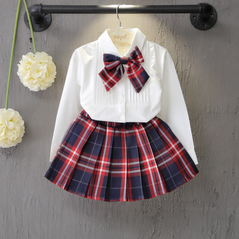 Primary school and middle school uniforms Style Solid Color Shirt + Plaid Skirt Two Piece Style Uniform