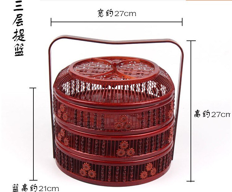 Bambus oppbevaringskurv håndtak med lokk rund hul to etasjer tre etasjer bryllup kurv egg måne kakeboks frukt oppbevaringsbokser: B  27 x 27cm