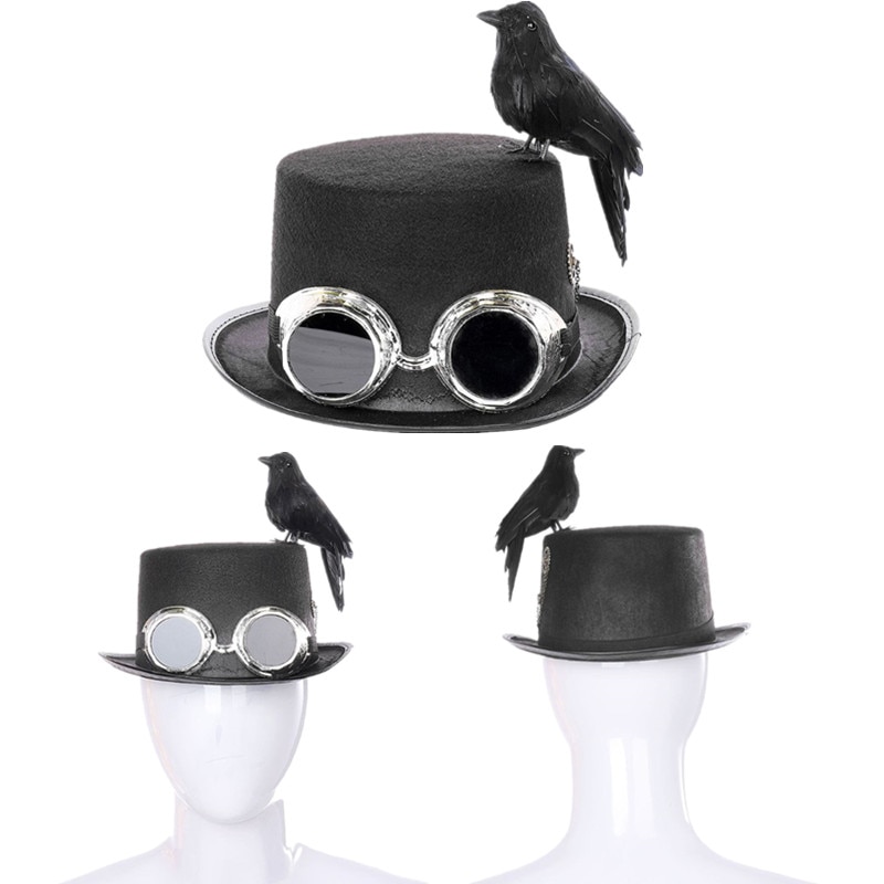 Unisex Heavy Metal Music Festival Top Hat Carnival Retro Gothic Steampunk Cosplay Black Jazz Cap with Crow Decorative Glasses