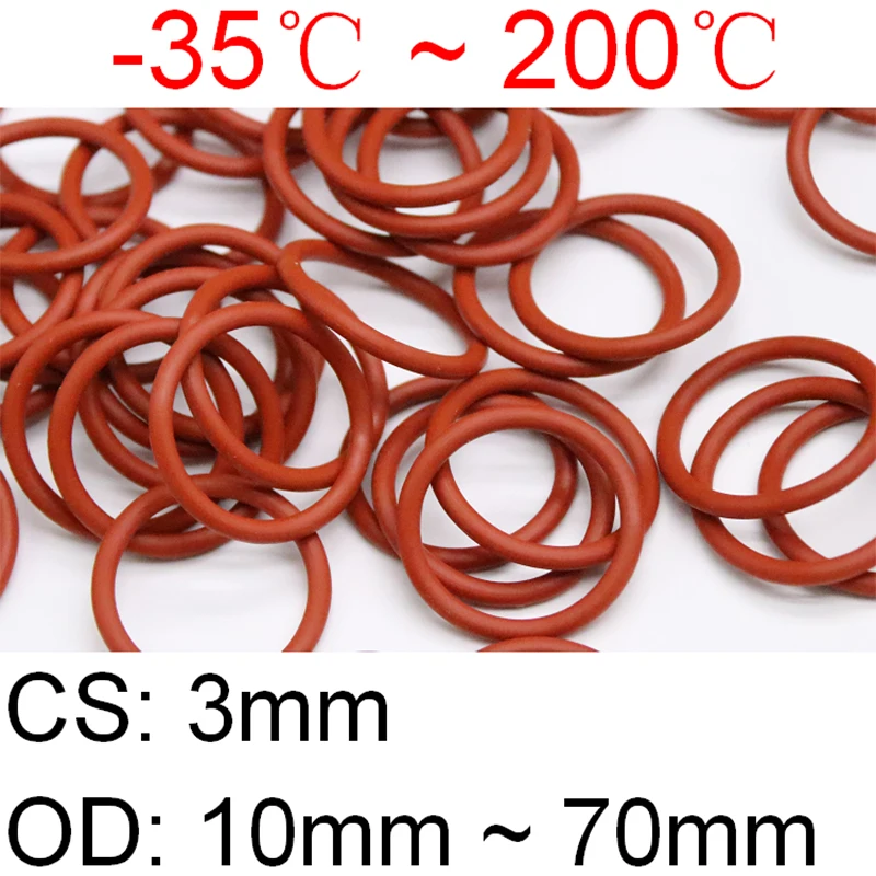 Junta tórica de silicona VMQ roja, arandela impermeable de grado alimenticio, junta de sellado de forma redonda aislada, CS, 3mm, OD, 10 ~ 70mm, 10 piezas