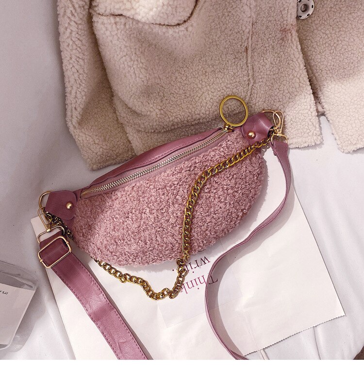 Women Waist Bag Woolen Chest Bag Chain Shoulder Crossbody Bag Banana Bag Belt Bags Phone Purse: Pink