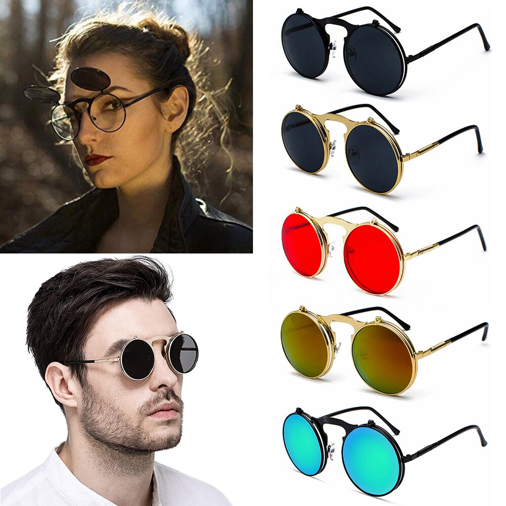1 PC Vintage Punk Round Flip Up Sunglasses for Men Women Steampunk Driving Sunglasses Summer UV Protection Eyewear