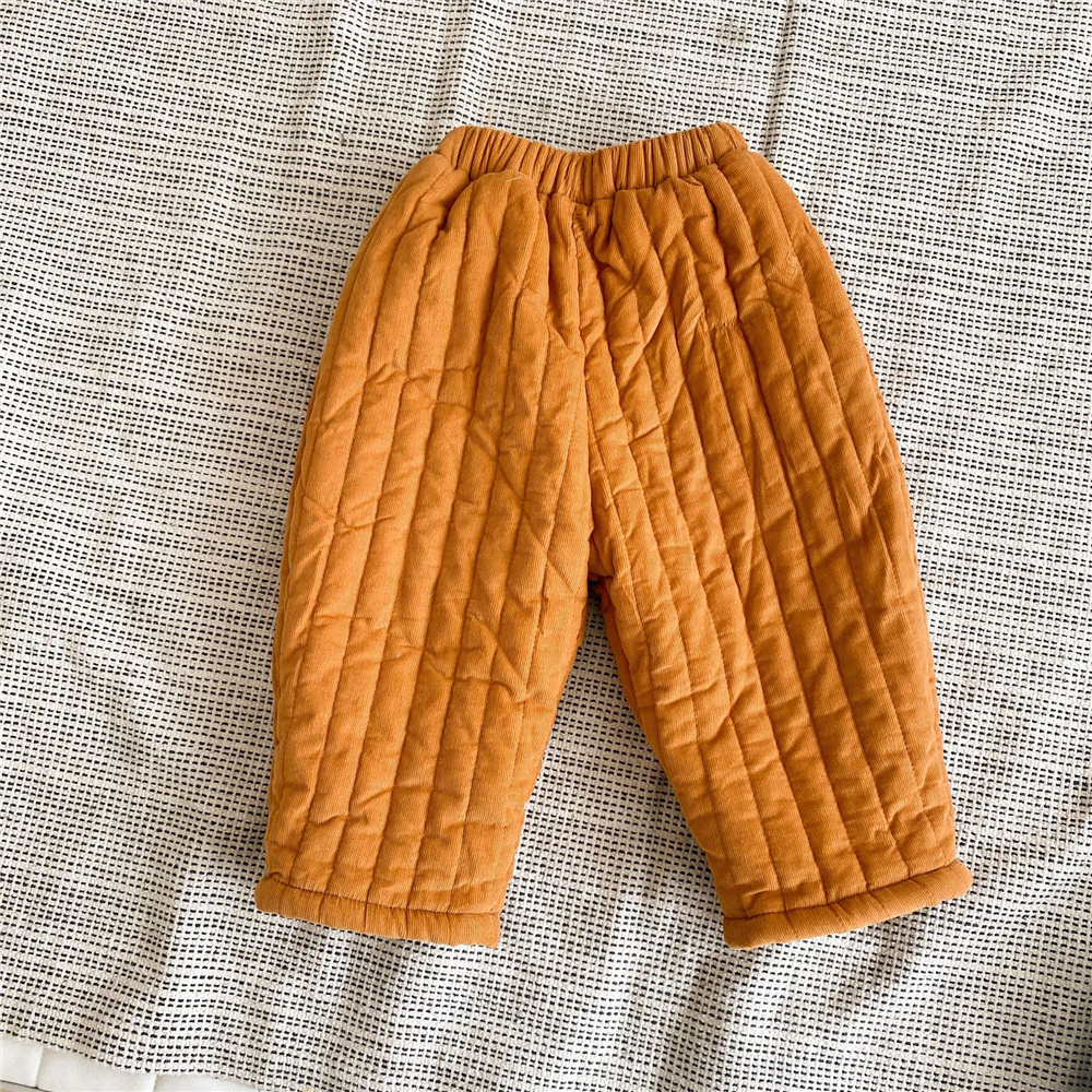 Vinter unisex enfärgad manchester quiltade byxor 2-6 år pojkar och flickor lös fleece tjocka höftbyxor: Orange / 90cm (2t)