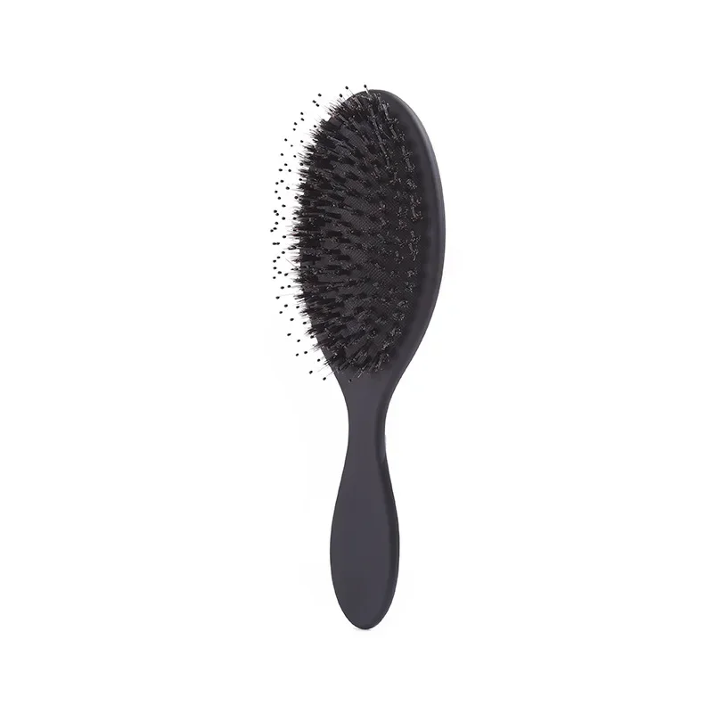 Cepillo de pelo de cerdas de jabalí con acabado mate, cepillo de extensión de cabello con dientes de nailon para mujer, cepillo de cojín, peinado, alisador y desenredante: Negro