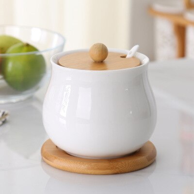 Kreative zuckerdose keramik menage gewürzglas flaschen salz dosen küche gewürzkasten würze aufbewahrungsbox tank mit holzdeckel: B