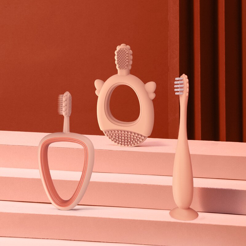 1 Set Silicon Toothbrush Children Infant Tooth Brush Rubber Cleaning Baby Brush Silicone Baby Training Toothbrush Kit: pink