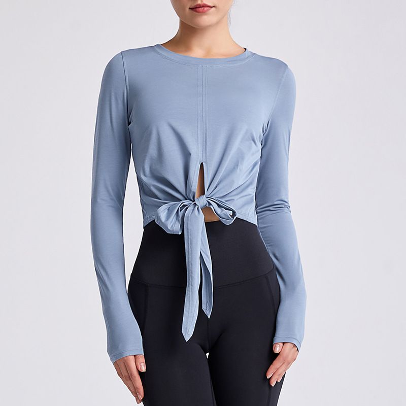 Damen-t-shirts für herbst und winter, geknotetes yoga-sporttop, dehnbar, dünn, schnelltrocknend, eng anliegend, lange ärmel, rundhalsausschnitt, trainingskleidung: B / S