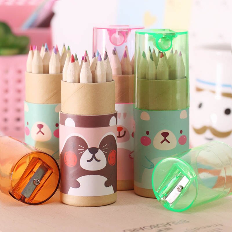 Lápis colorido de urso fofo de 12 pol. com afiadores kawaii, lápis de pasta em aquarela para desenho de material escolar de papelaria