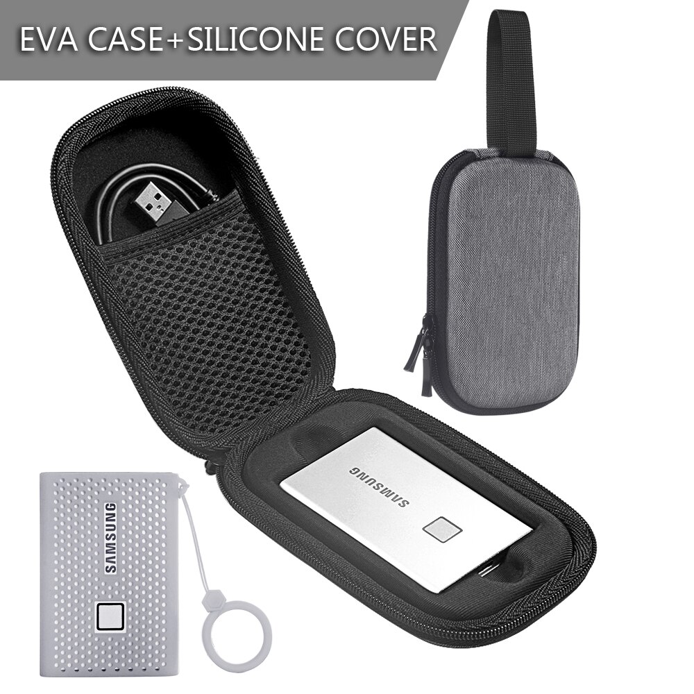 Eva opbevaringsbeskyttelsesetui til samsung  t7 touch bærbar ssd ekstern solid state-drev bæretaske med silikoneovertræk: Grå