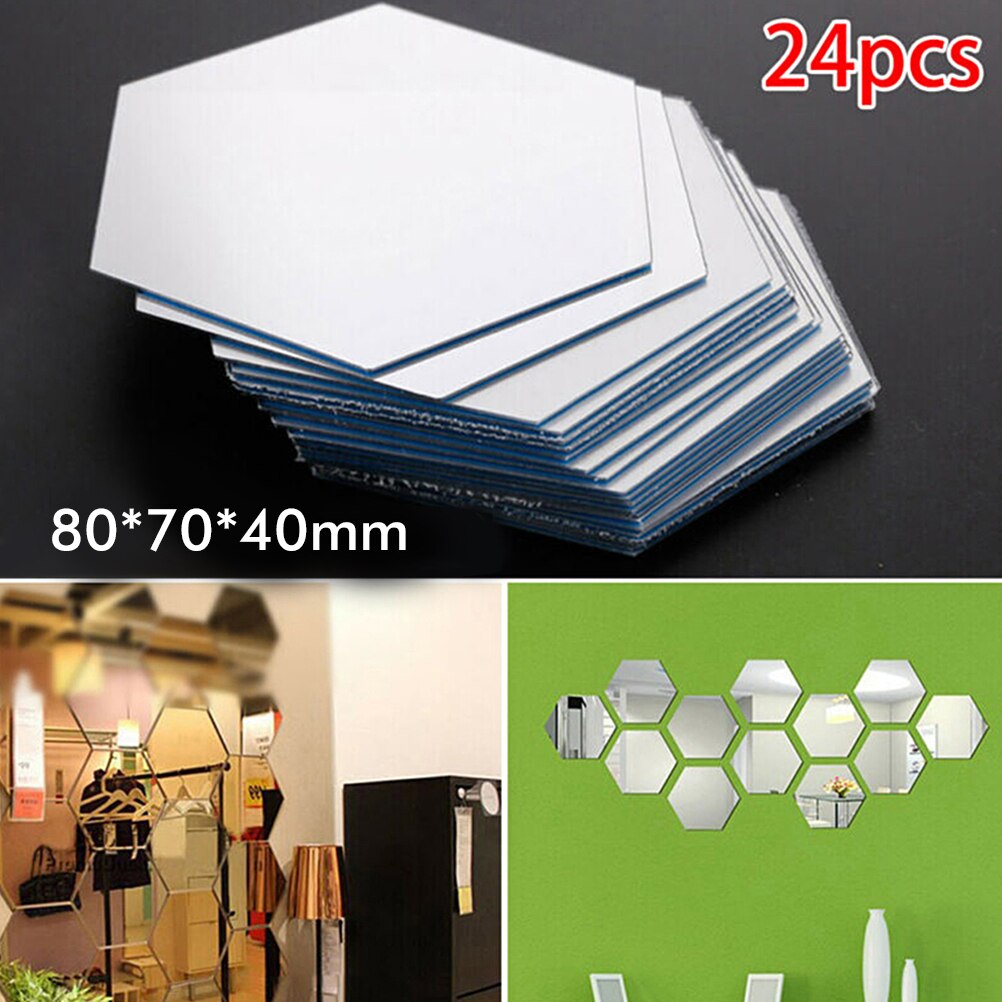 24Pcs Hexagon Mirror Sticker Self-adhesive Mosaic Tiles Bathroom Decorative Mirror Stickers: Silver
