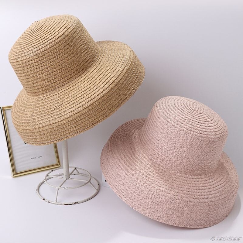Women Summer Vintage Hepburn Straw Sun Hat Bell Shaped Wide Brim Solid Color UV Protection Travel Floppy Beach Cap M12 21