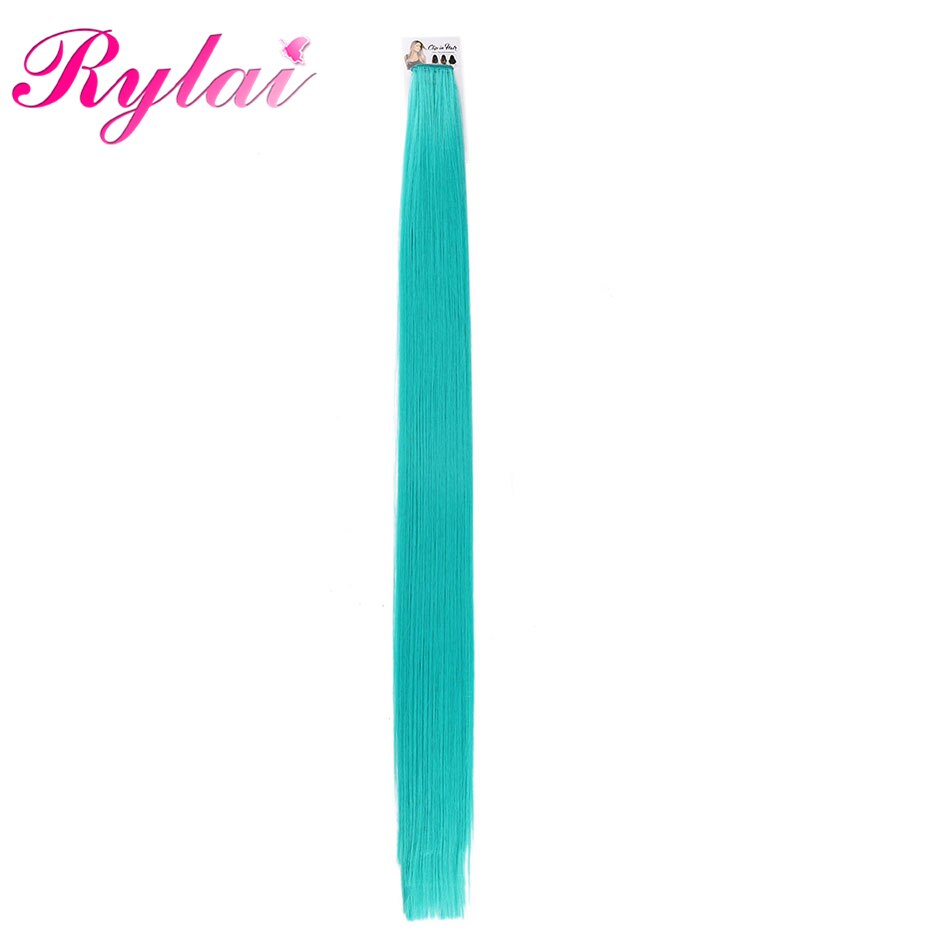 Rylai Lange Rechte Haar 5 Stuks/set Gekleurde Highlight Synthetische Hair Extensions Clip-In Een Stuk Pure Kleur 24 Inch: Teal Blue