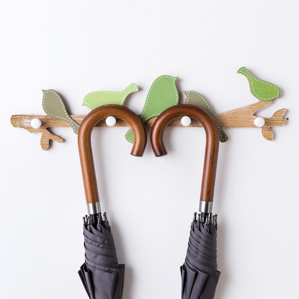 Houten Zingen Vogel Muur Hanger Haken Rek Kleren Hoed Sleutel Paraplu Organizer Met 4 Haken Kinderen Thuis Kamer Decoraties