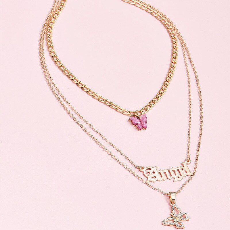 3Pcs/Set Charm Women Necklaces Set Letter Angel Hollow Butterfly Clavicle Chain Gold Necklace Wedding Party Lady Jewelry