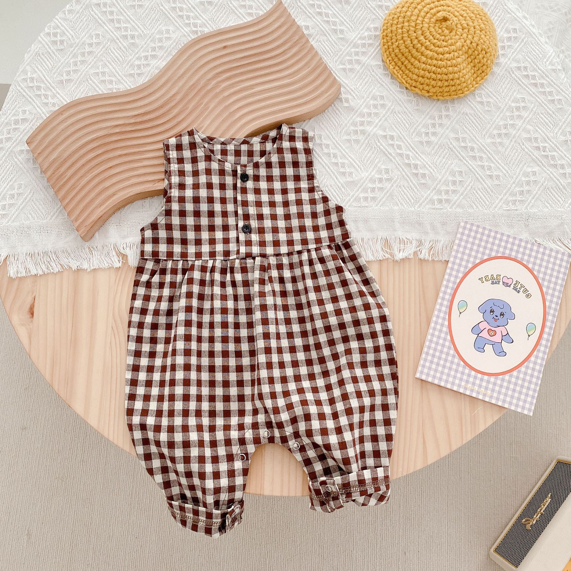 1407C Baby Clothes Check Jumpsuit Spring Summer Newborn Clothes Sleeveless Baby Boy One Piece Clothes Girl&#39;s Overall: Coffee / 80 for 1y