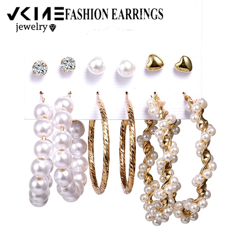 VKME Oversize Ohrringe Set Perle Hoop Ohrringe Für Frauen Gold Twist Ohrring Brincos Großen Kreis Leopard Schmuck