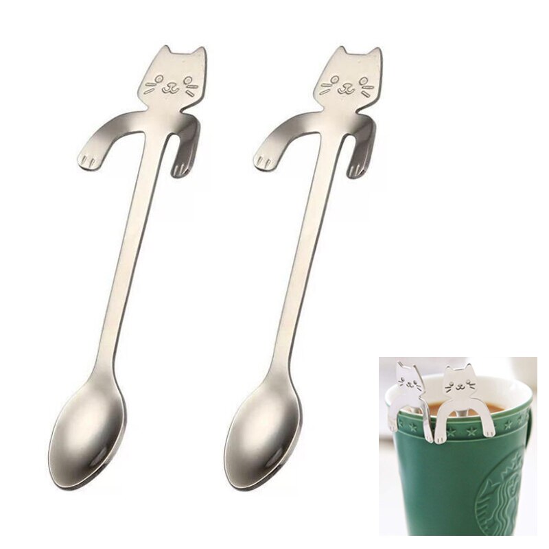 2Pcs Stainless Steel Teaspoons Mini Cat Kitten Spoons Coffee Tea Dessert Spoon Drink Mixing Milkshake Spoon Tableware Set