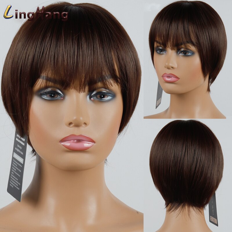 LINGHANG Short Brown Black Straight Wig Pixie Hair Cut Style Wigs For Women Synthetic Hair High Temperature Fiber: 8-33