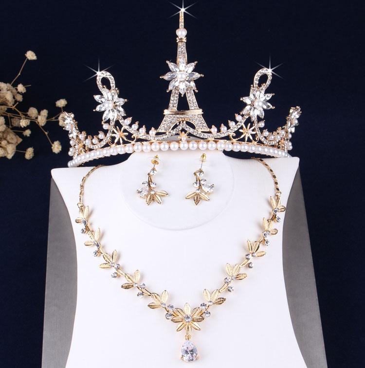 Pearl Crystal Wedding Bridal Sieraden Sets Vrouwen Gouden Bruid Tiara Kronen Prom Diadeem Earring Ketting Bruiloft Sieraden Accessoires: Licht Geel Goud Kleur