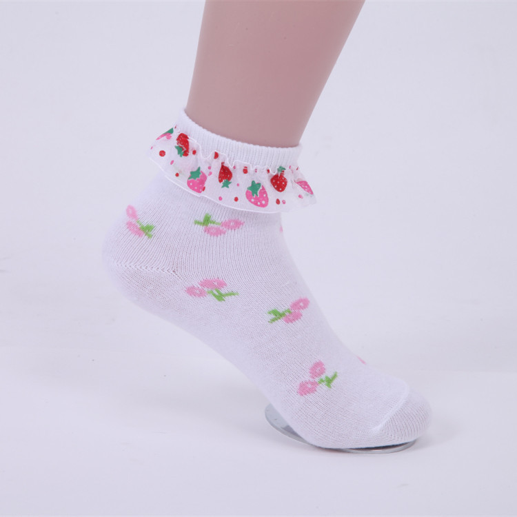 1 Pair Spring Autumn Girls Socks Cherry Strawberry Cotton Lace Kids Socks 3-12 Year Children Socks For Girls: white / 9-12 Year