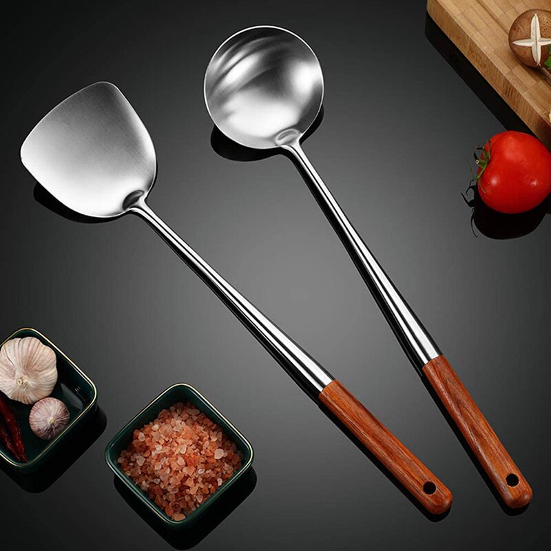 2 stk redskaber køkken wok spatel jern og øse værktøjssæt 17 tommer spatel til wok rustfrit stål wok spatel køkken bar værktøj