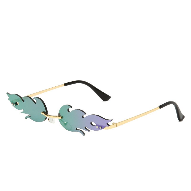 Briller luksus brand flamme solbriller kvinder randløse bølge solbriller metal nuancer til vintage kvinder spejl briller: Grøn