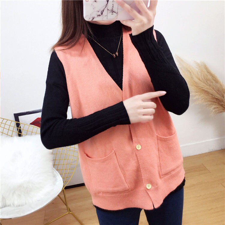 Sweater vest dame lomme solid enkel koreansk strikket åben sting all-match preppy stil løs v-hals ærmeløs: Lyserød -2