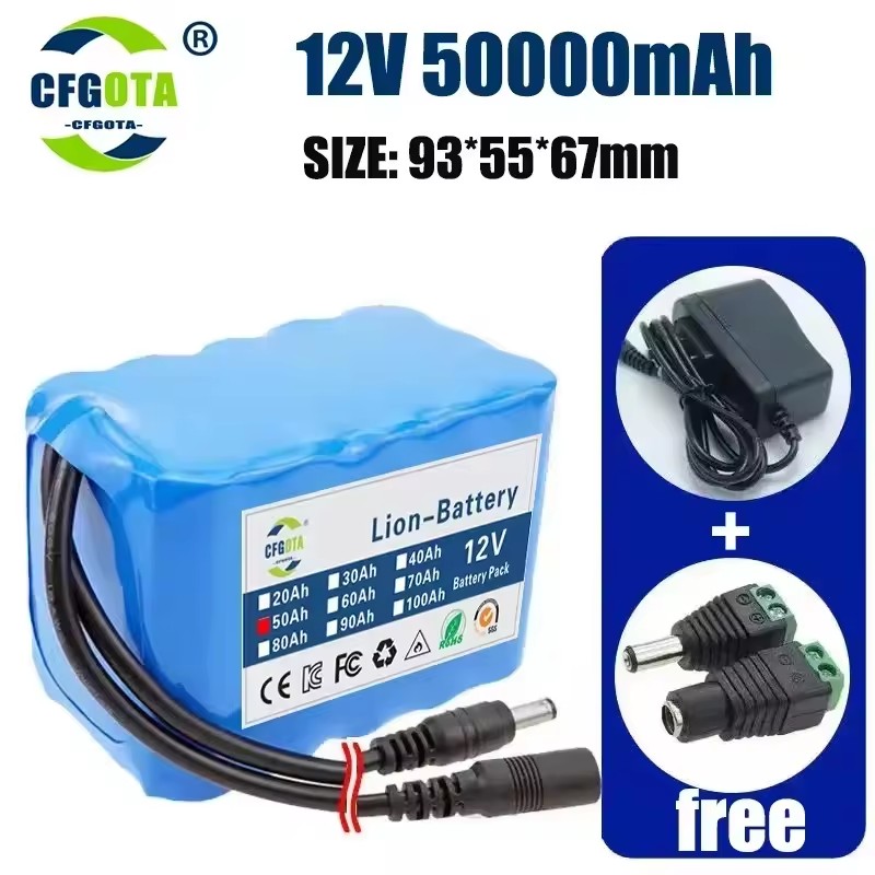 12V 50Ah 18650 Lithium Battery Pack 3S5P Rechargeable Battery with BMS 12.6v Charger for Fishing Bicycle Large Capacity Battery: WHITE