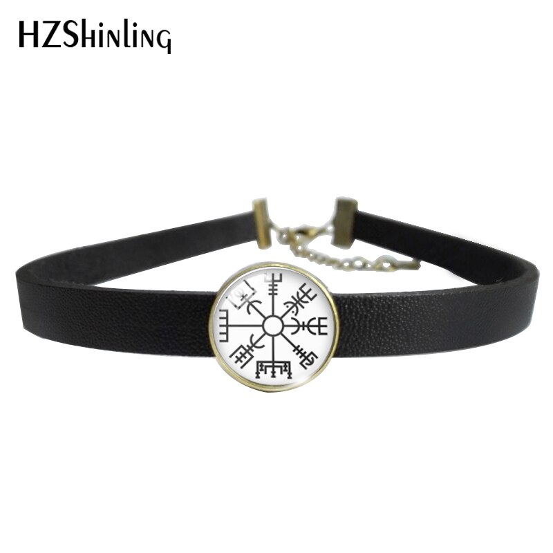 Viking Schild Vegvisir Klassieke Ronde Glas Cabochon Lederen Choker Ketting Draaimomenten Sieraden Voor Meisjes: 4 / Brown