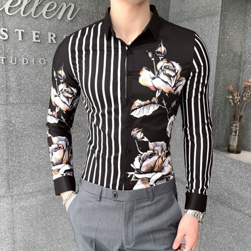Efterår stribede skjorter til mænd slim fit streetwear afslappede skjorter langærmet blomsterskjorte camisa masculina business socialt tøj til mænd