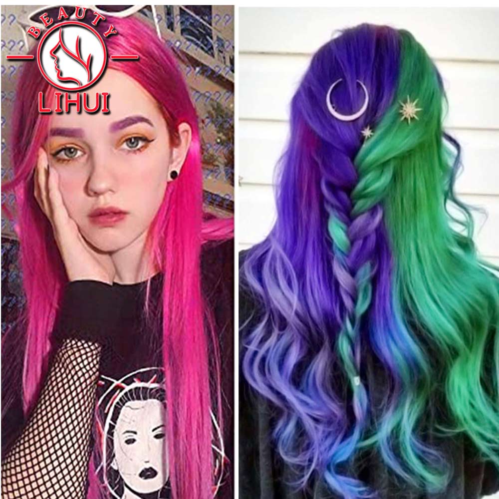 LIHUI-extensiones de cabello sintético para mujer, mechones de pelo largo y liso, con Clip, para resaltar, Color arcoíris, Color rosa