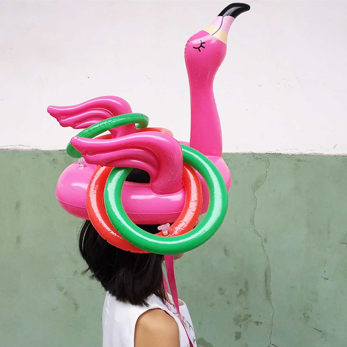 Portable Inflatable Flamingo Head Hat With 4Pcs Toss Rings Water Game For Family Party Pink PVC Material Pools & Fun Toys