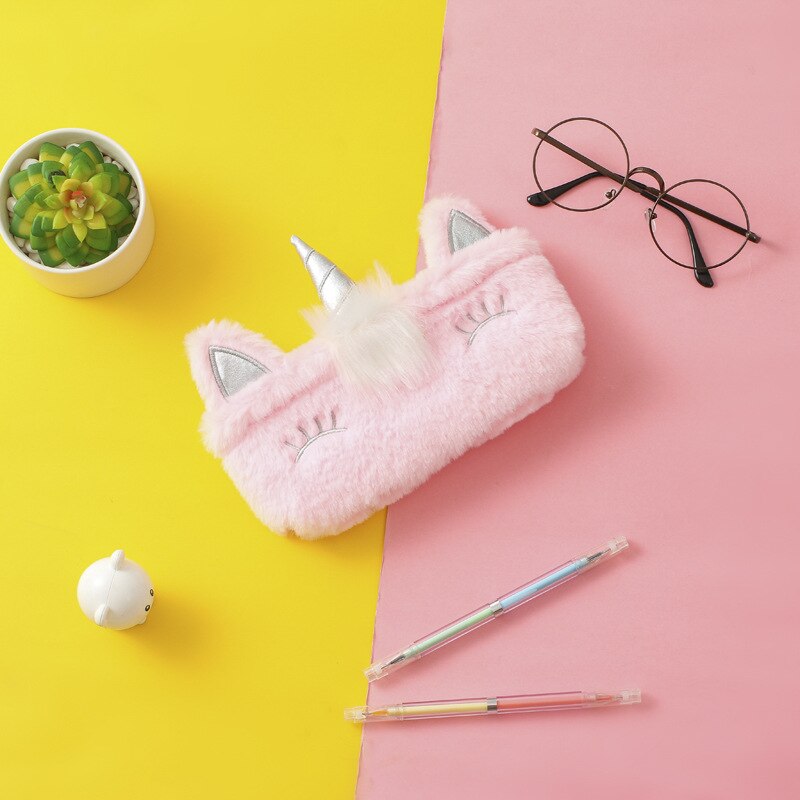 Licorne trousse scolaire Peluche trousse crayon Mignonne fourniture scolaire Colorée trousse kawaii scolaire Gros yeux pencil case: E