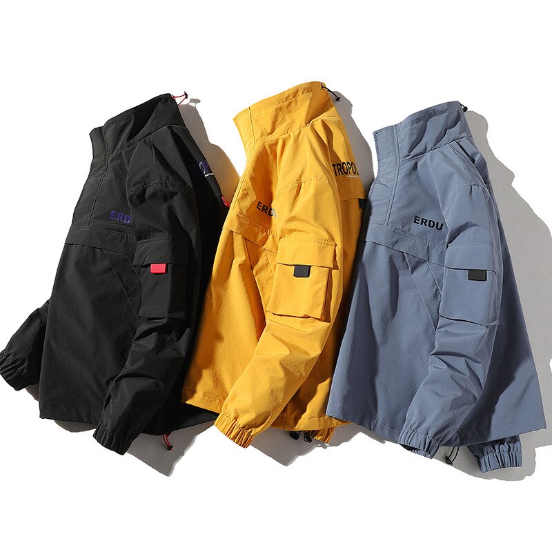 Män hip hop streetwear jacka rock retro färgblock patchwork harajuku jacka vindjacka oversized jackficka