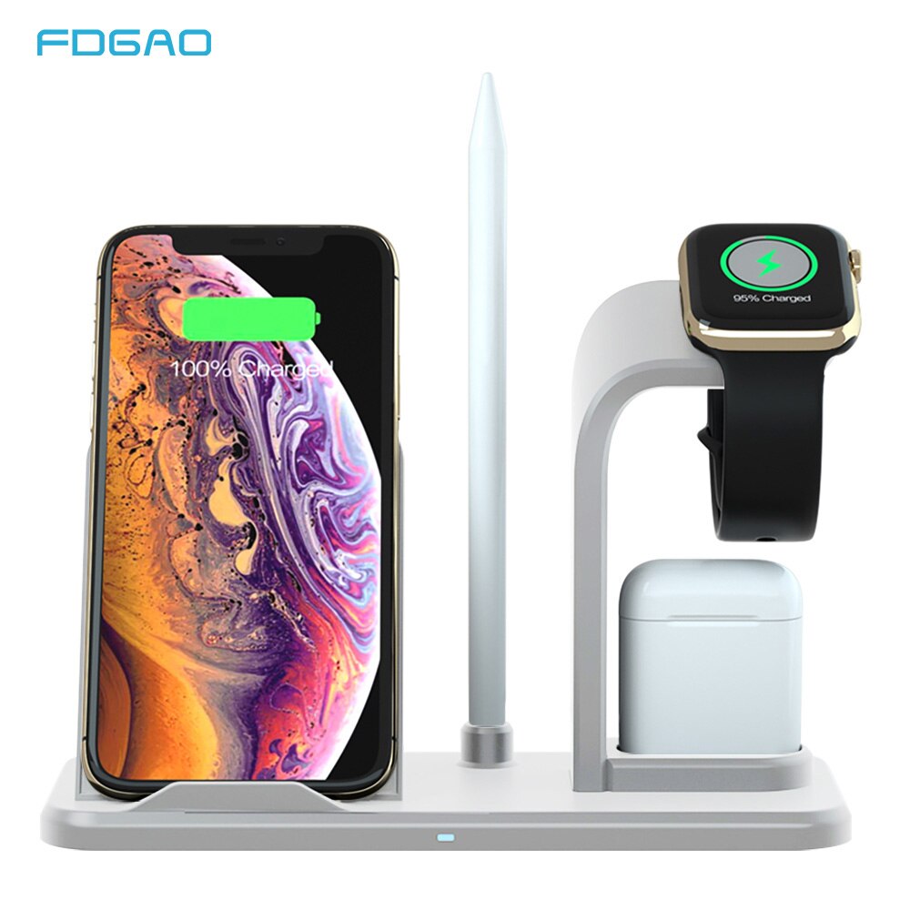 Fdgao qi suporte para carregador sem fio, carregador wireless, para iphone 11, 8 plus, x, xs max, xr, 10w, doca de carregamento rápido 4 em 1 para airpods apple watch